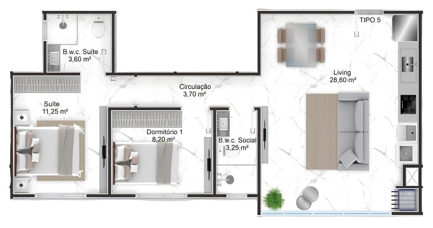 Planta 03 - 2 dorm 69,73m²