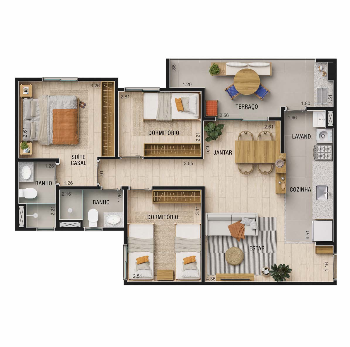 Planta 02 - 3 dorm 73m²