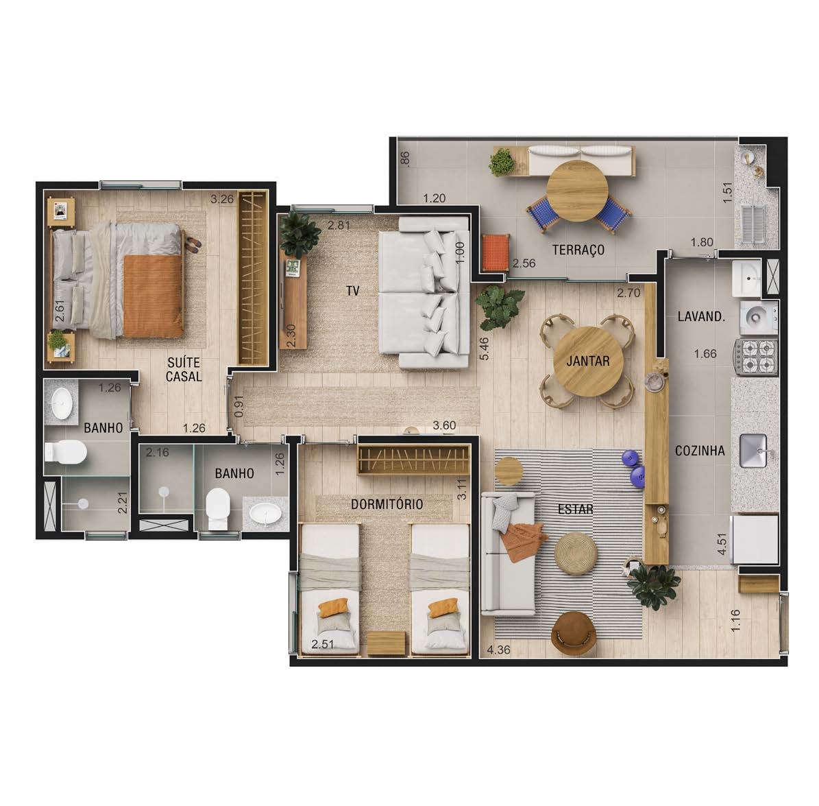 Planta 03 - 2 dorm 73m² - opção