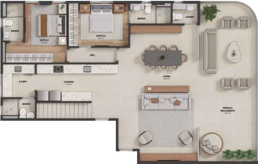 Planta 09 - 3 dorm 213,67m² - cobertura duplex - inferior