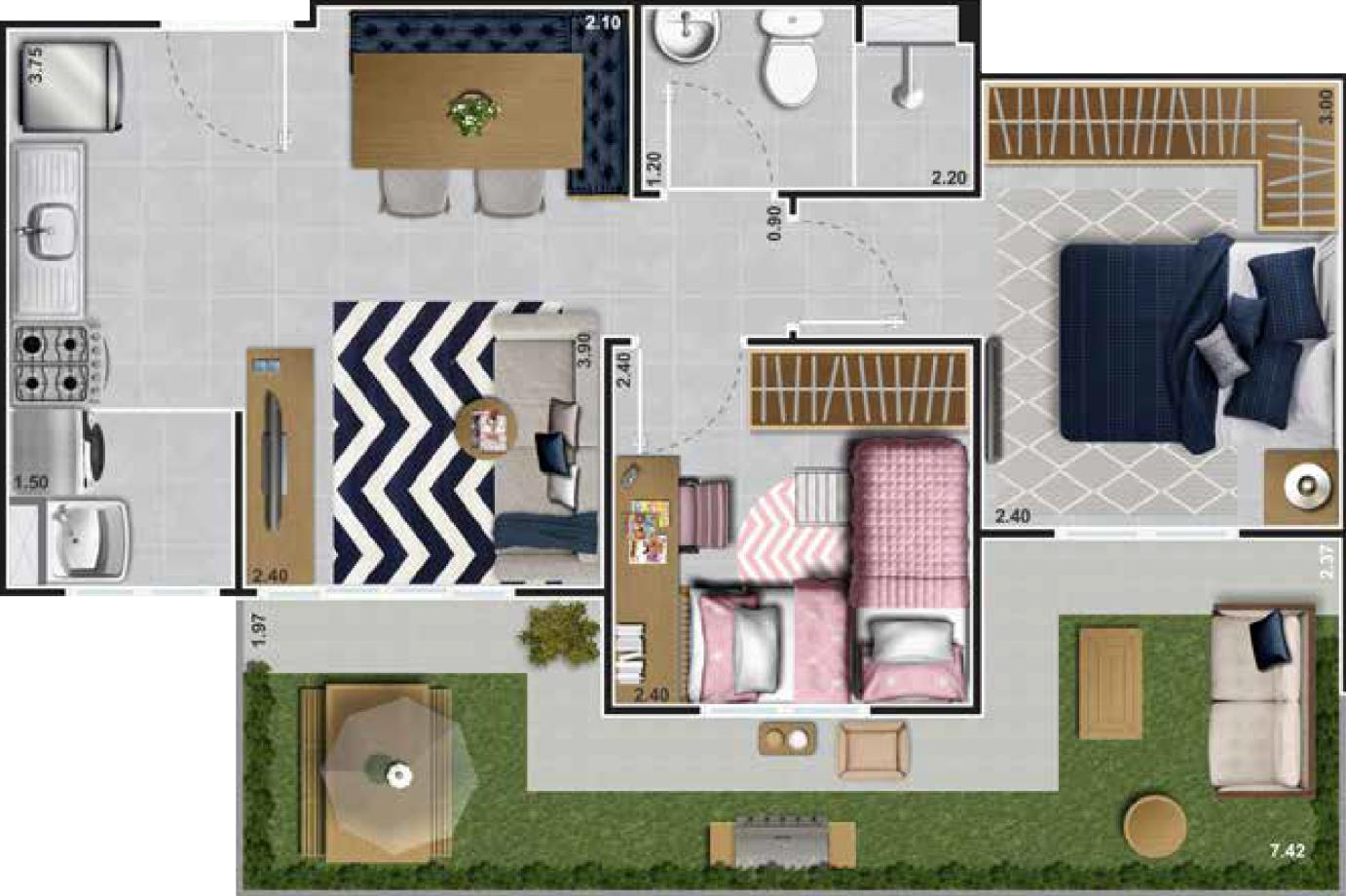 Planta 04 - 2 dorm 51,19m² - garden