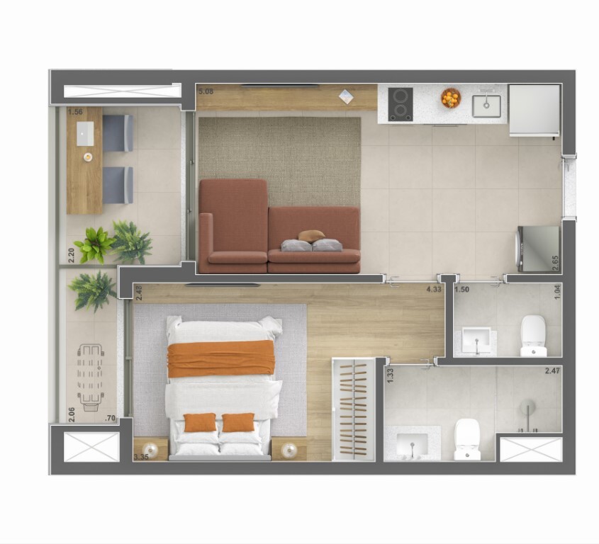 Planta 03 - 1 dorm 39m²
