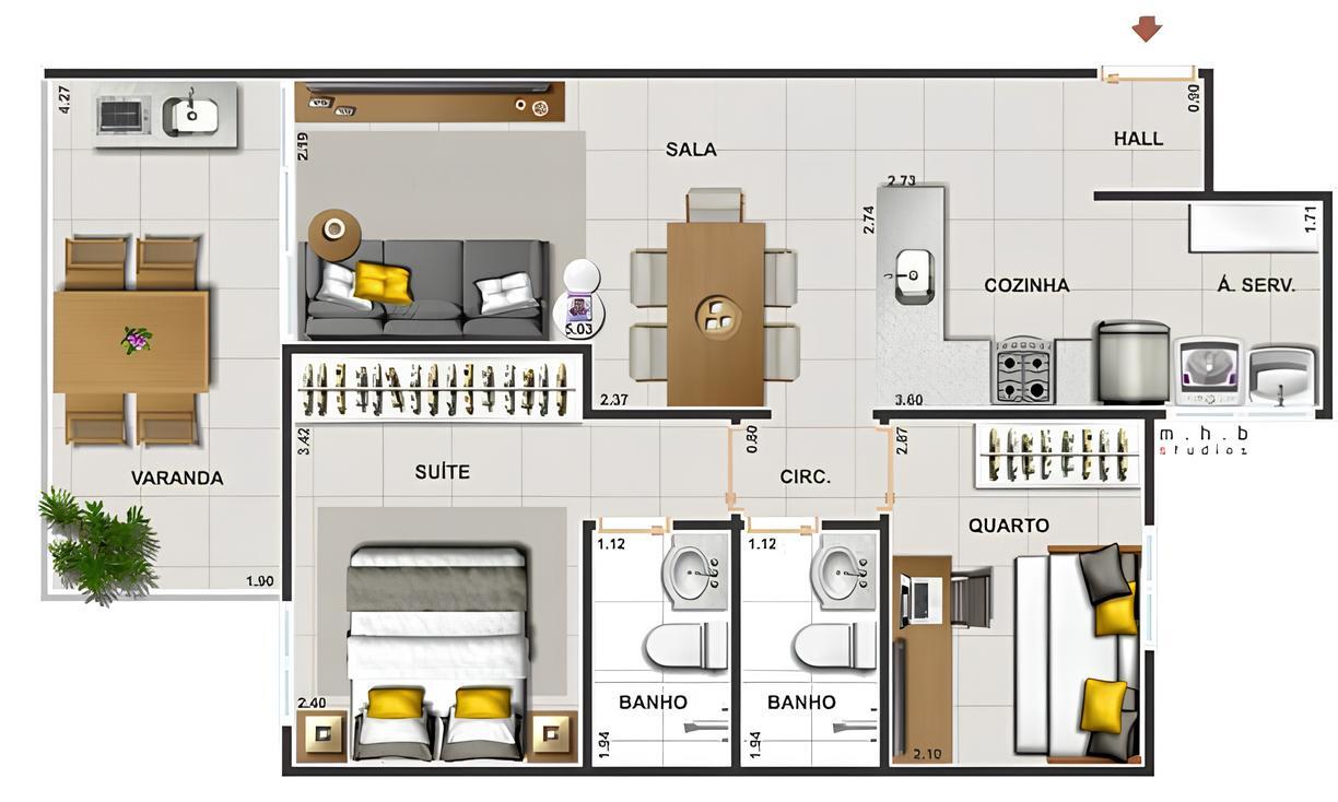 Planta 02 - 2 dorm 56,76m²