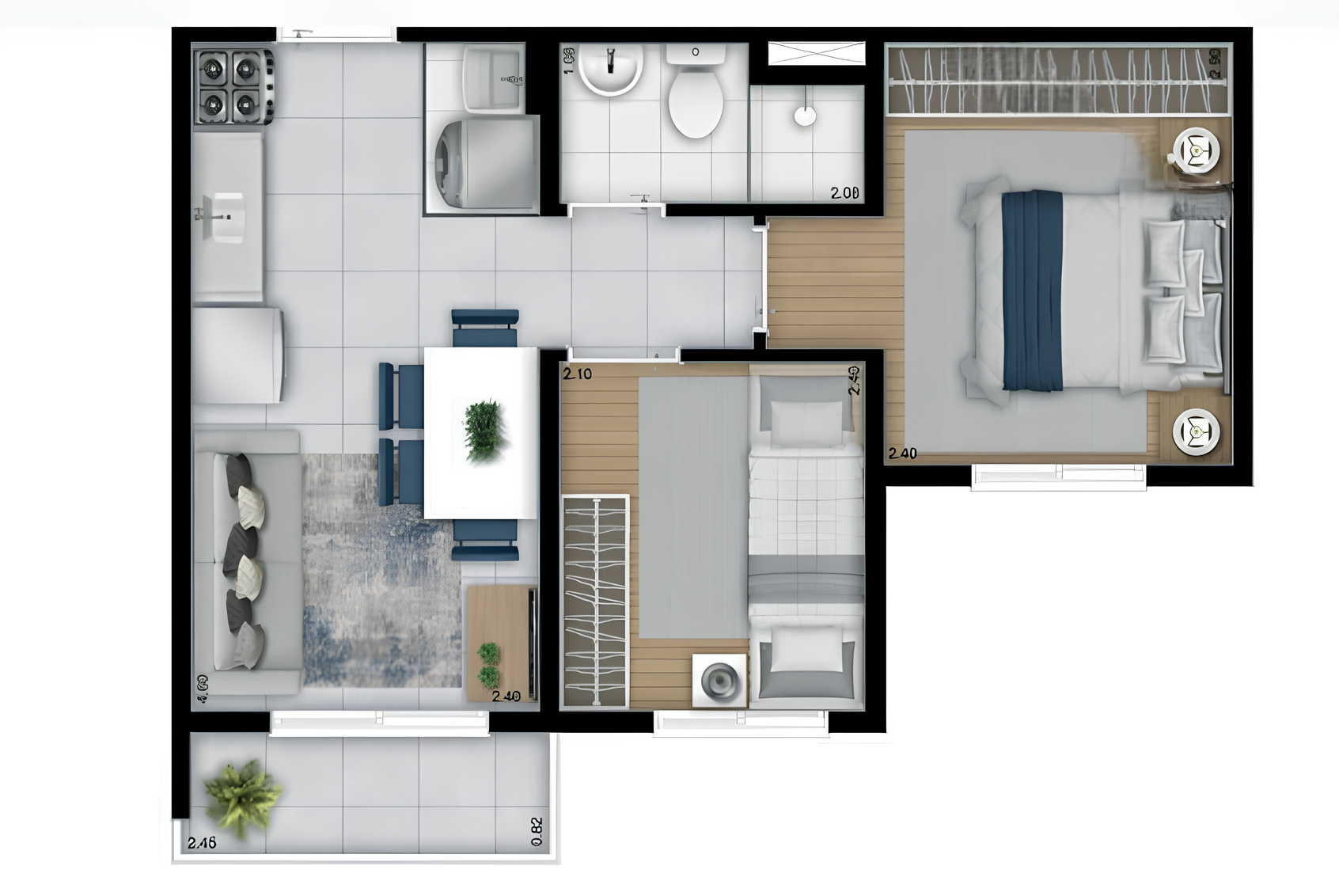 Planta 03 - 2 dorm 34,84m²