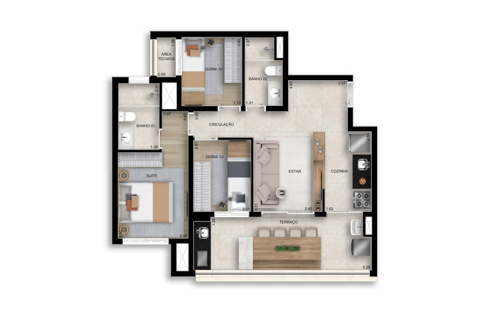 Planta 03 - 3 dorm 67m²