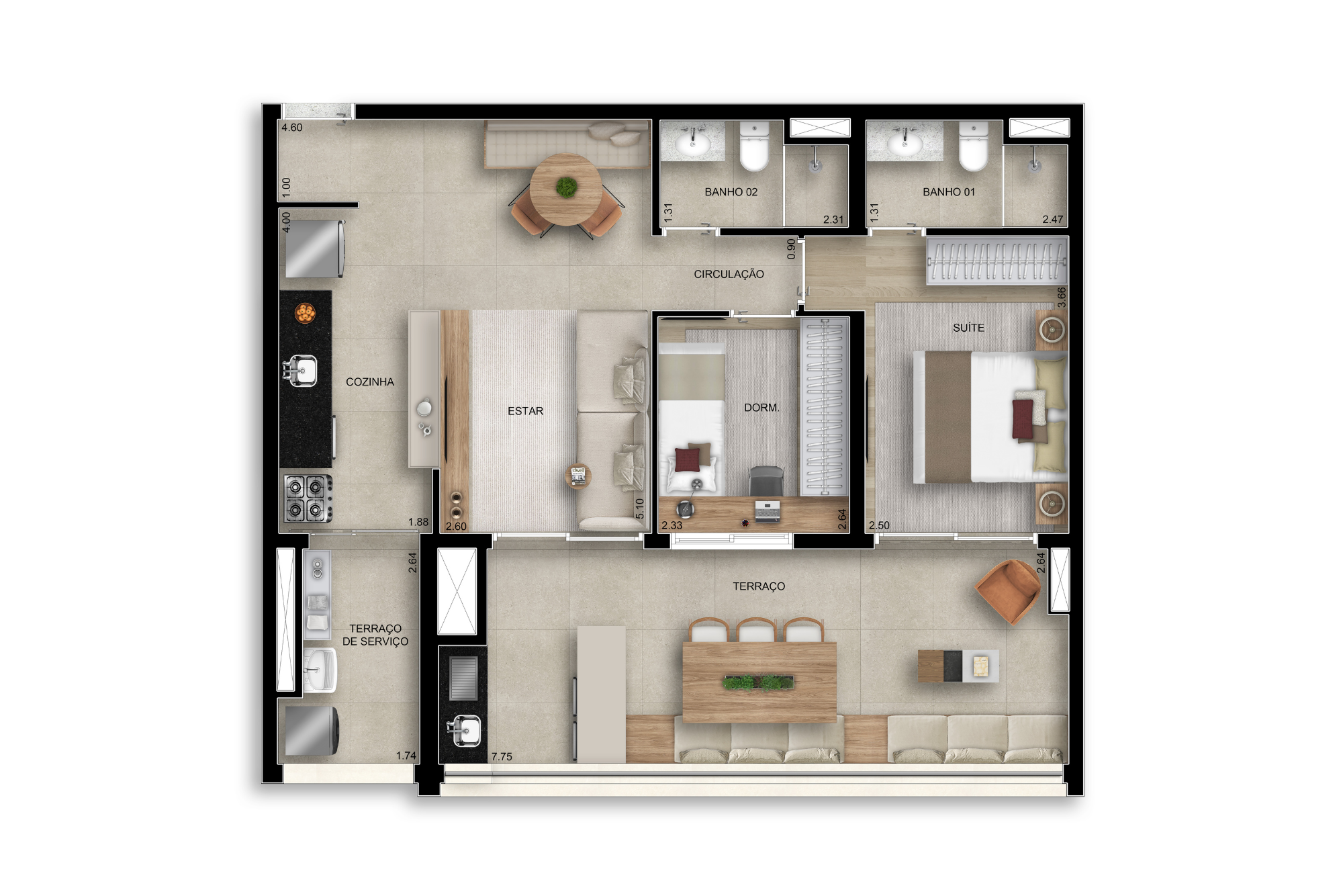 Planta 01 - 2 dorm 82m²