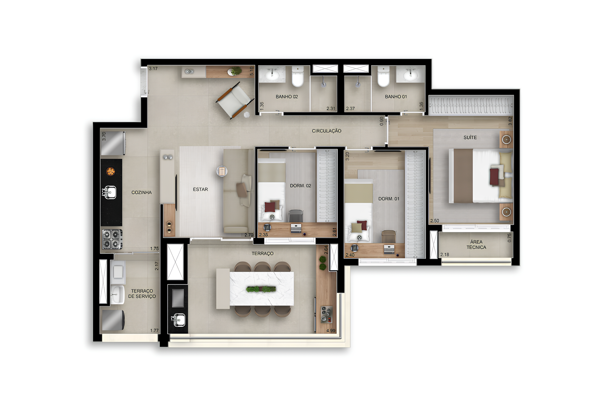 Planta 02 - 3 dorm 90m²