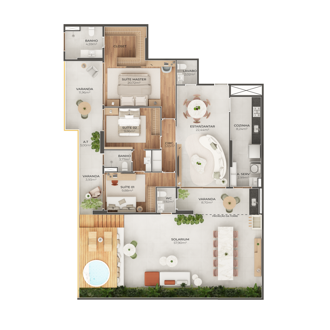 Planta 04 - 3 dorm 199m² - garden