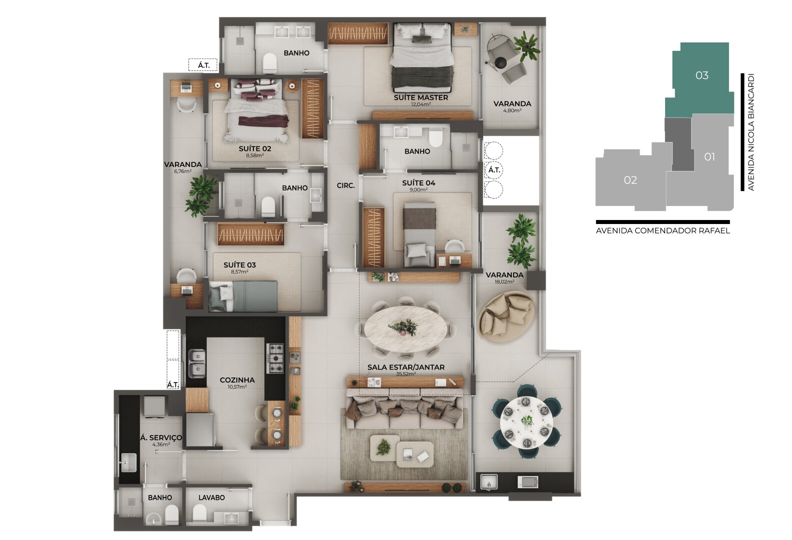 Planta 02 - 4 dorm 155,54m² - opção 1