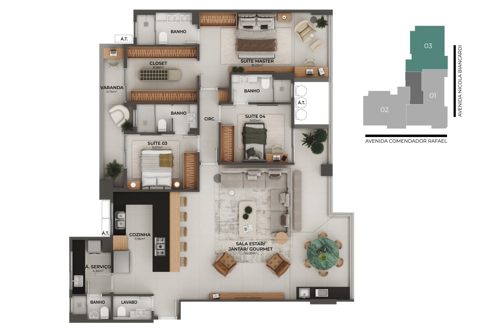 Planta 03 - 3 dorm 155,54m² - opção 2