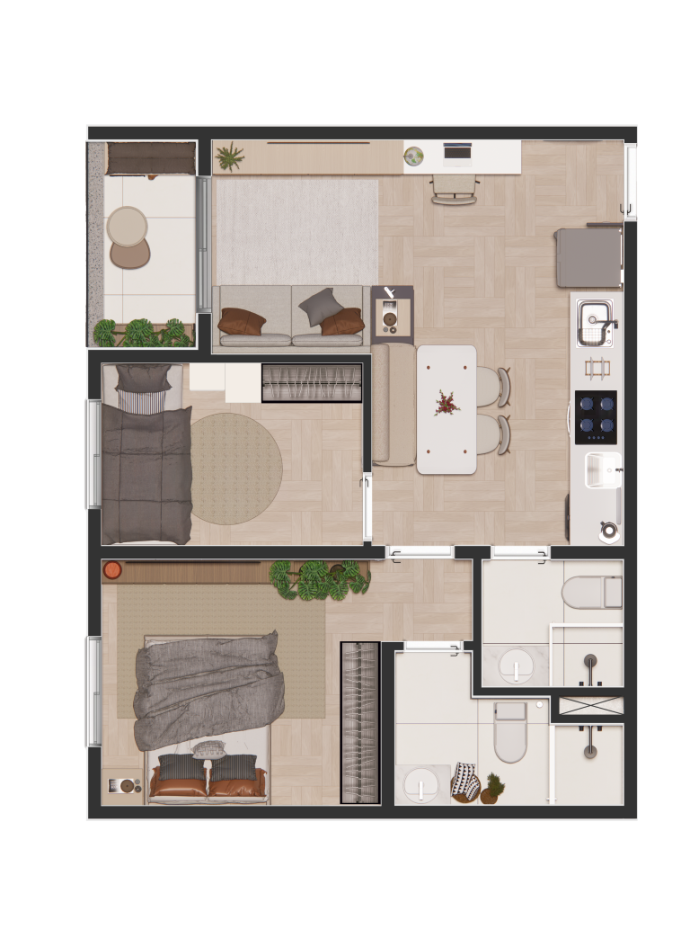 Planta 01 - 2 dorm 44,14m²