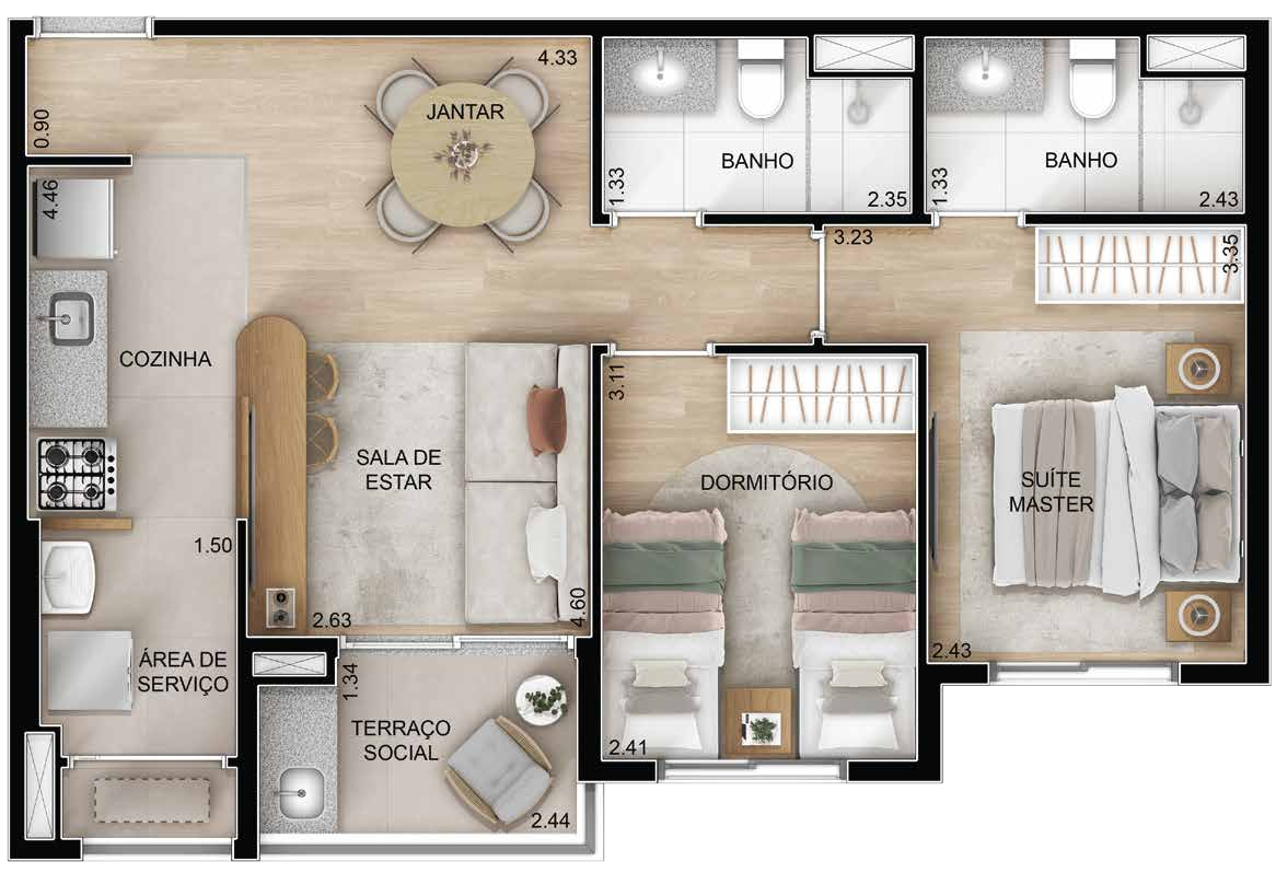Planta 01 - 2 dorm 57m²