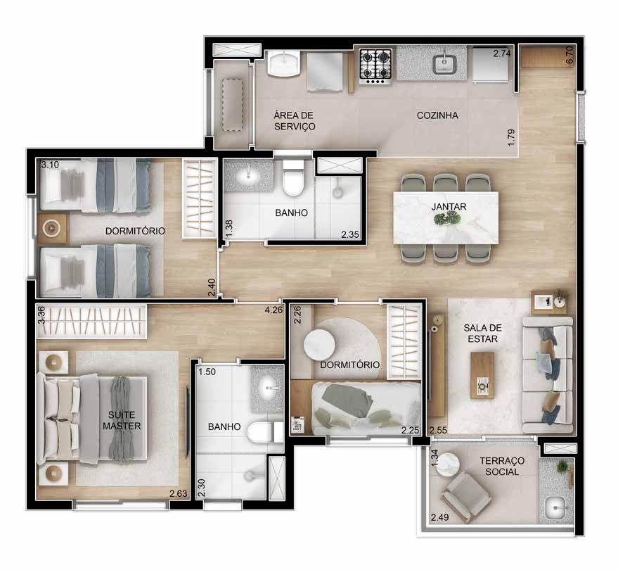 Planta 03 - 3 dorm 70m²