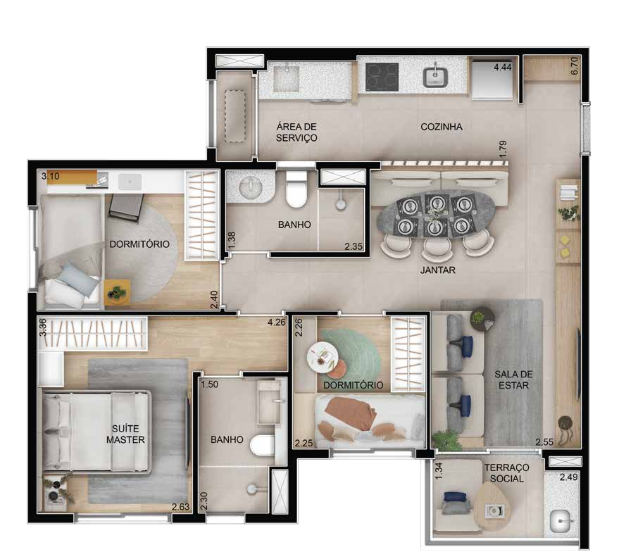 Planta 04 - 3 dorm 70m² - opção 1