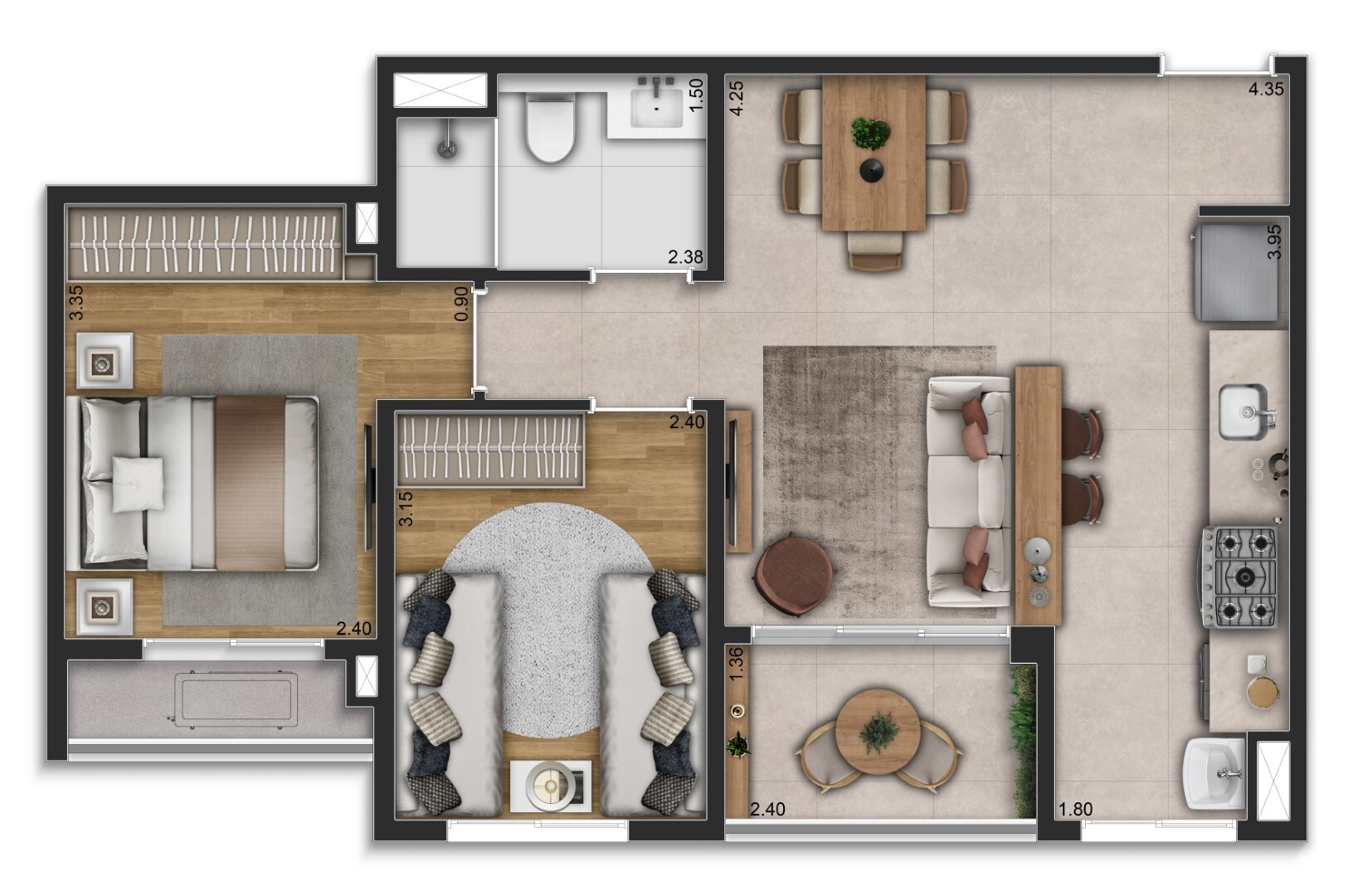 Planta 01 - 2 dorm 54m²