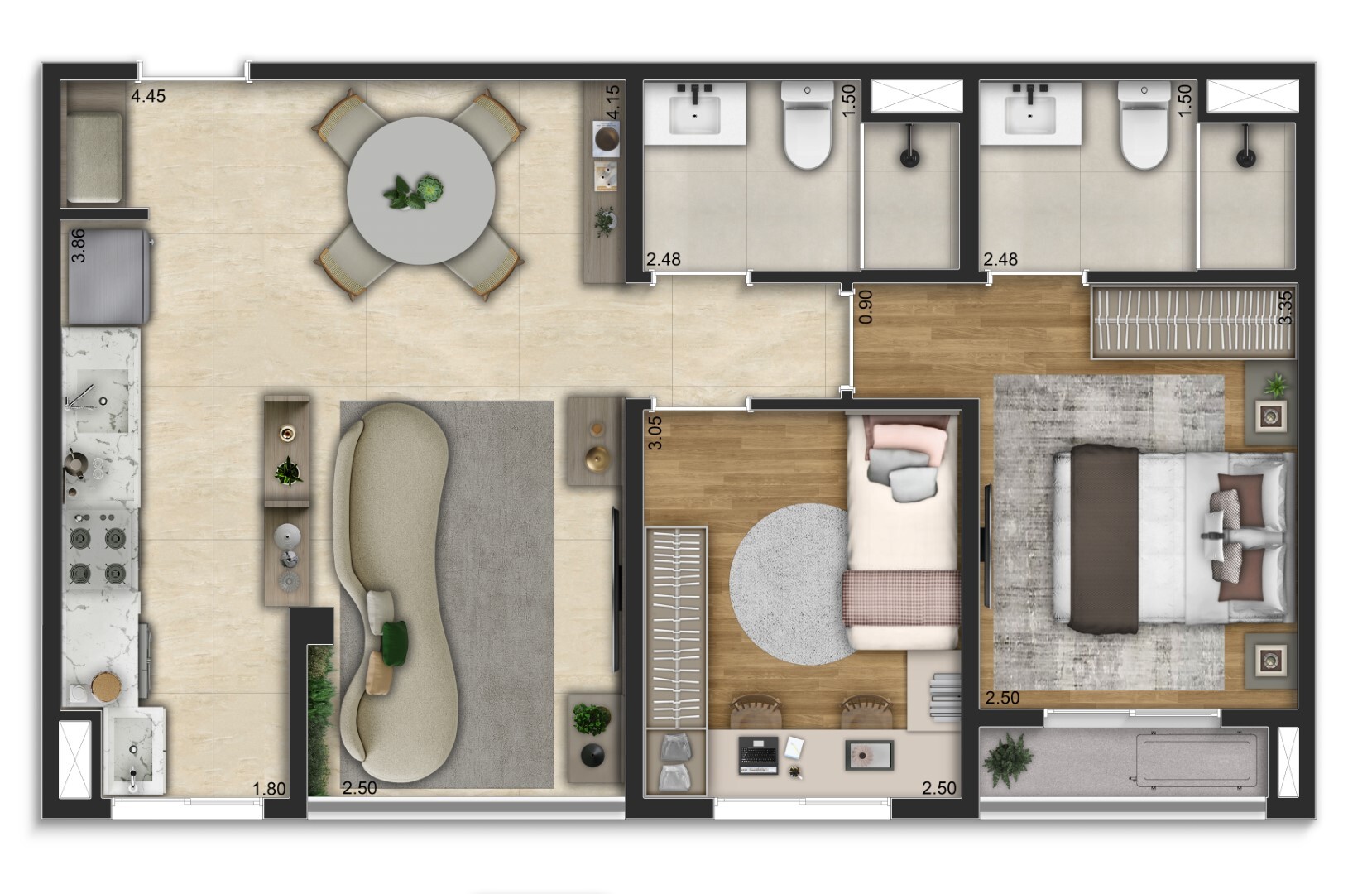 Planta 02 - 2 dorm 58m²