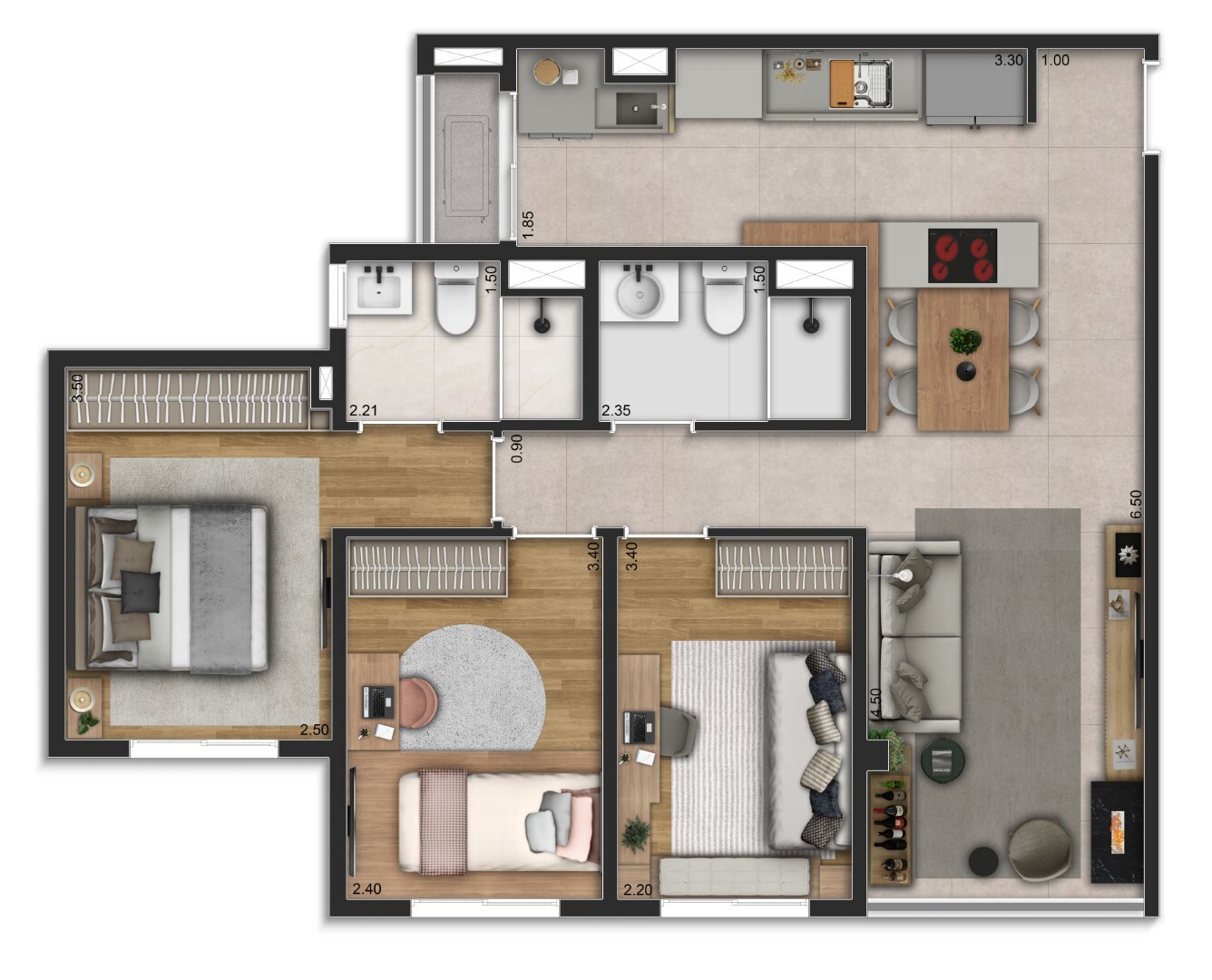 Planta 03 - 2 dorm 72m²