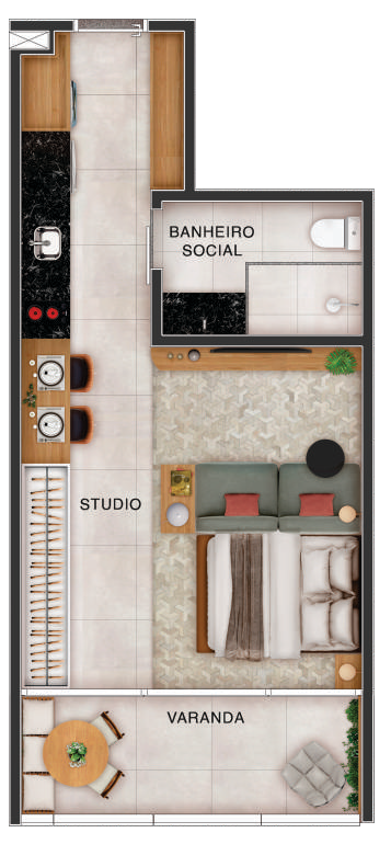 Planta 03 - 1 dorm 36,46m² - studio