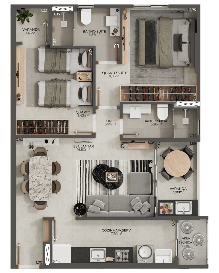 Planta 02 - 2 dorm 67,15m²