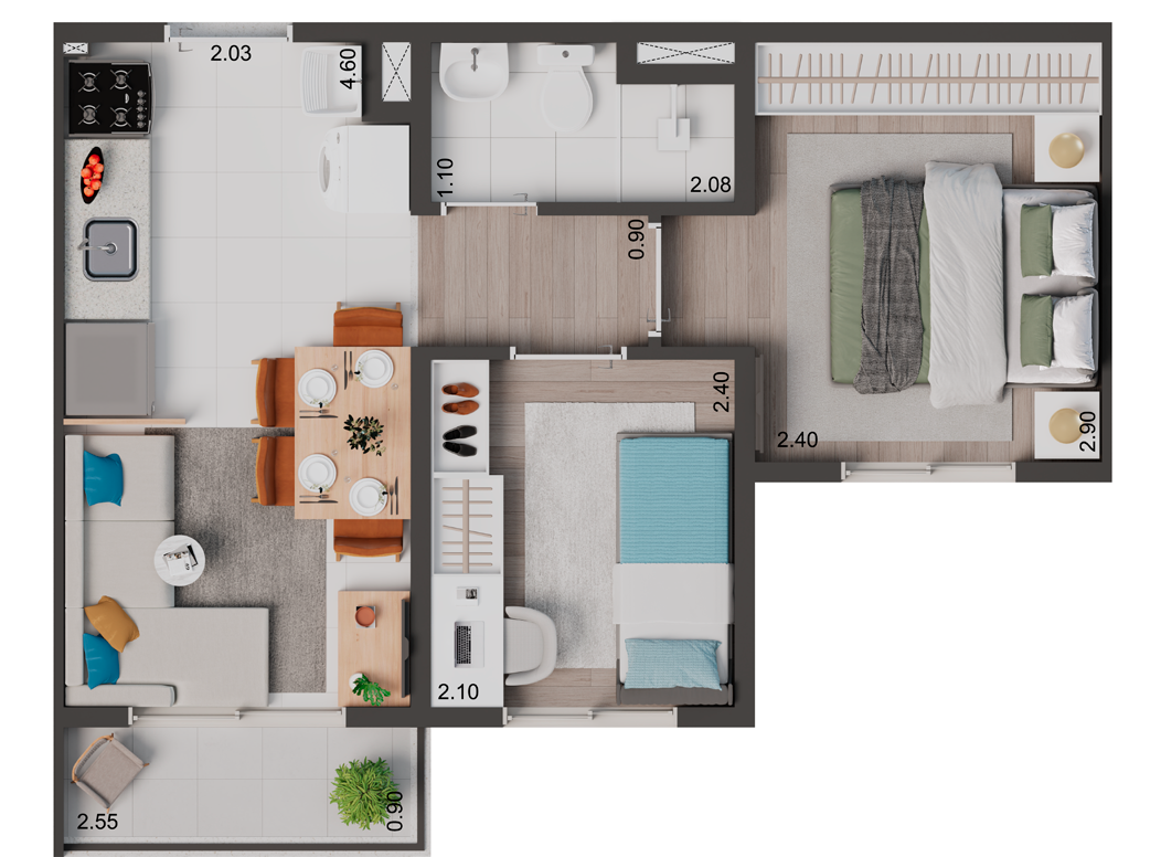 Planta 03 - 2 dorm 34m²