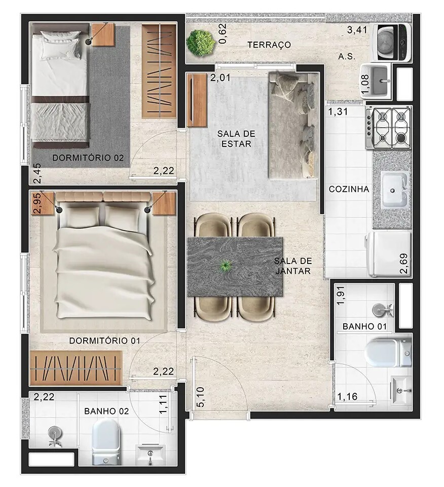 Planta 03 - 2 dorm 39m²