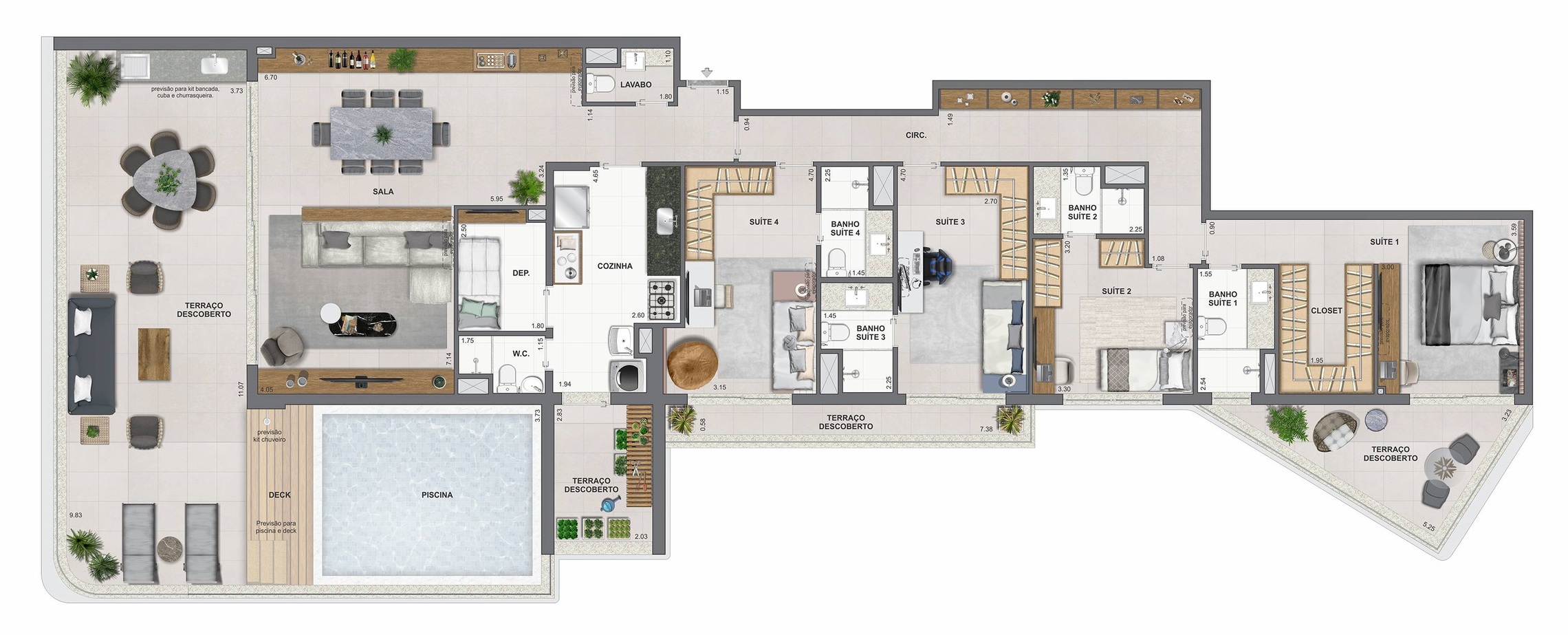 Planta 15 - 4 dorm 260,19m² - cobertura horizontal