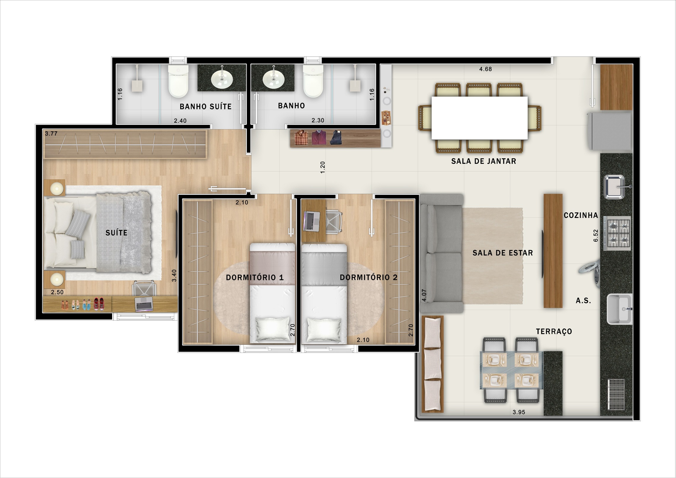 Planta 03 - 3 dorm 64,39m² - opção 2