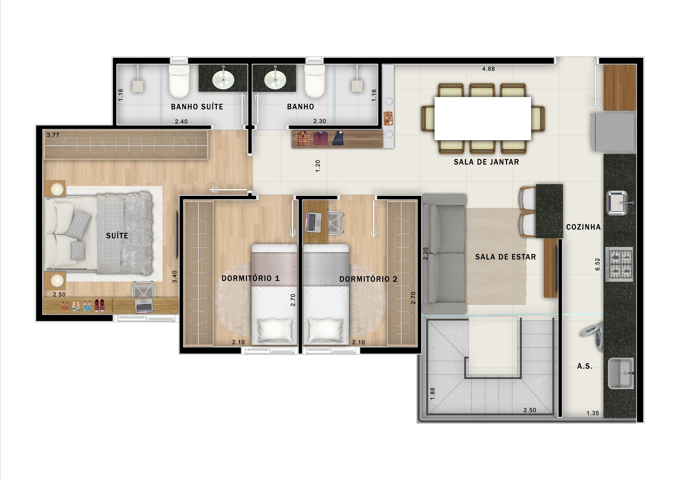 Planta 08 - 3 dorm 137,07m² - cobertura duplex - inferior