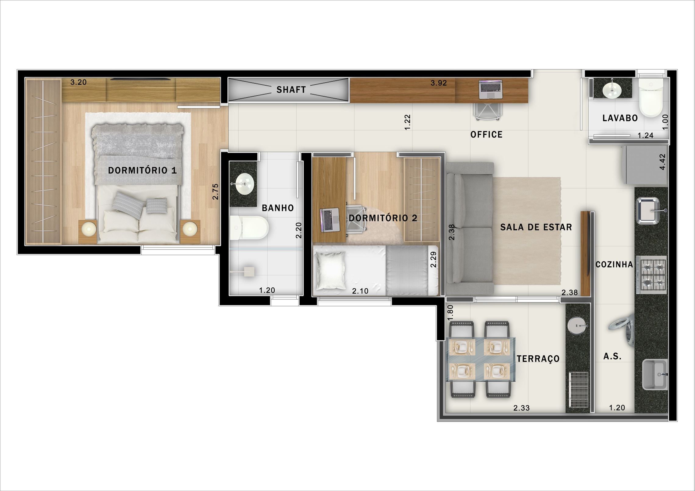 Planta 01 - 2 dorm 44,59m²