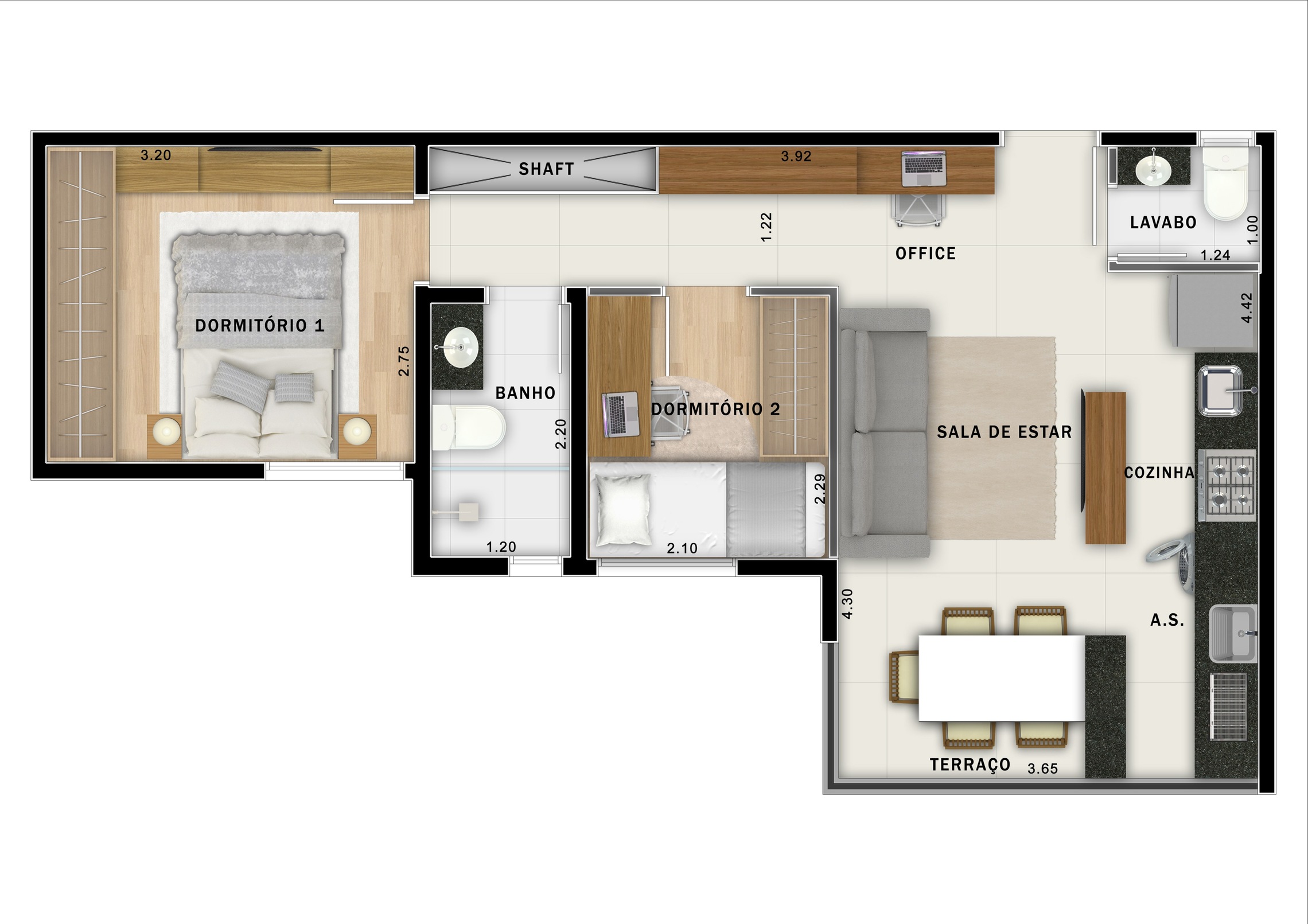 Planta 03 - 2 dorm 44,59m² - opção 2