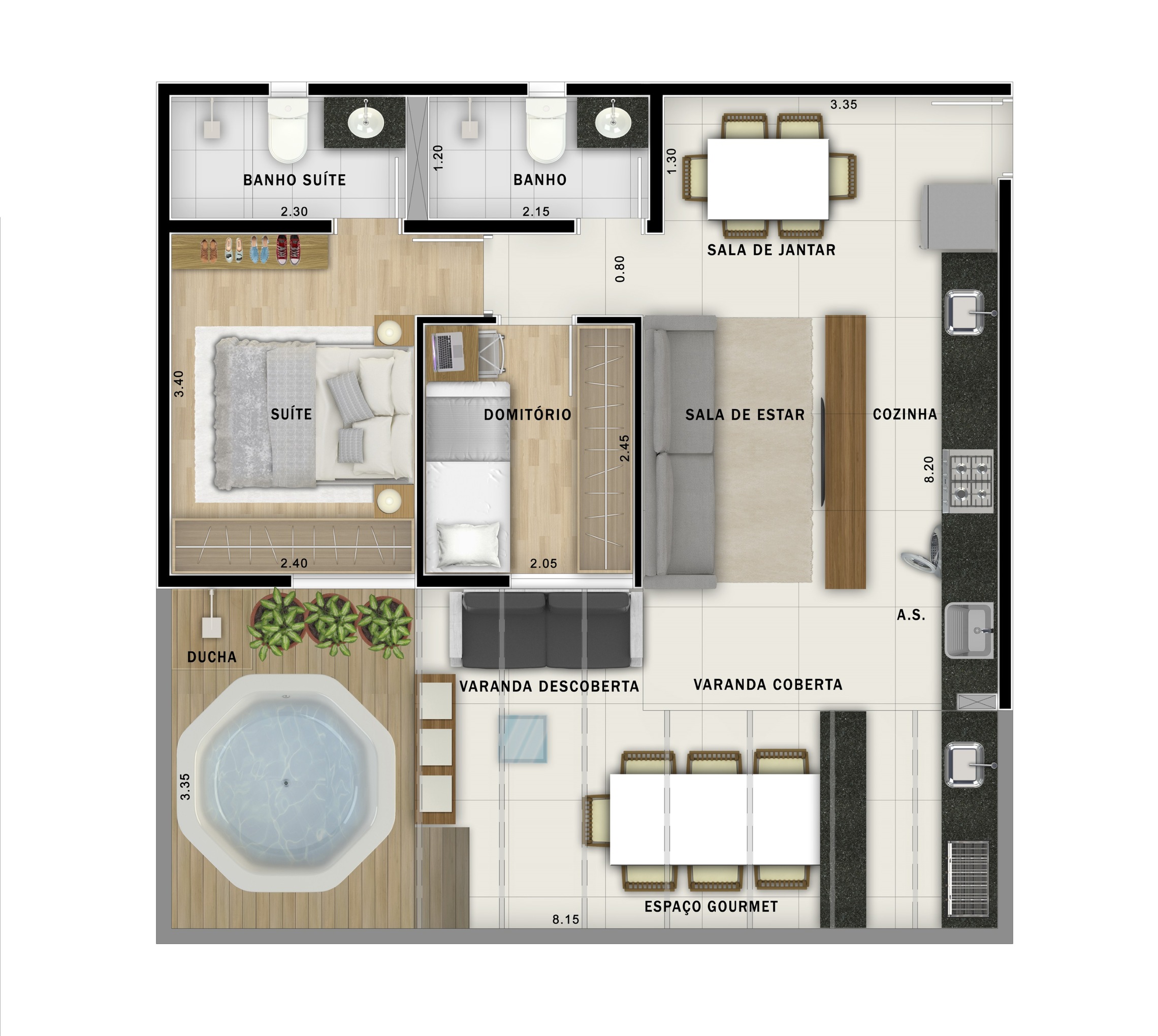 Planta 07 - 2 dorm 76,32m² - garden
