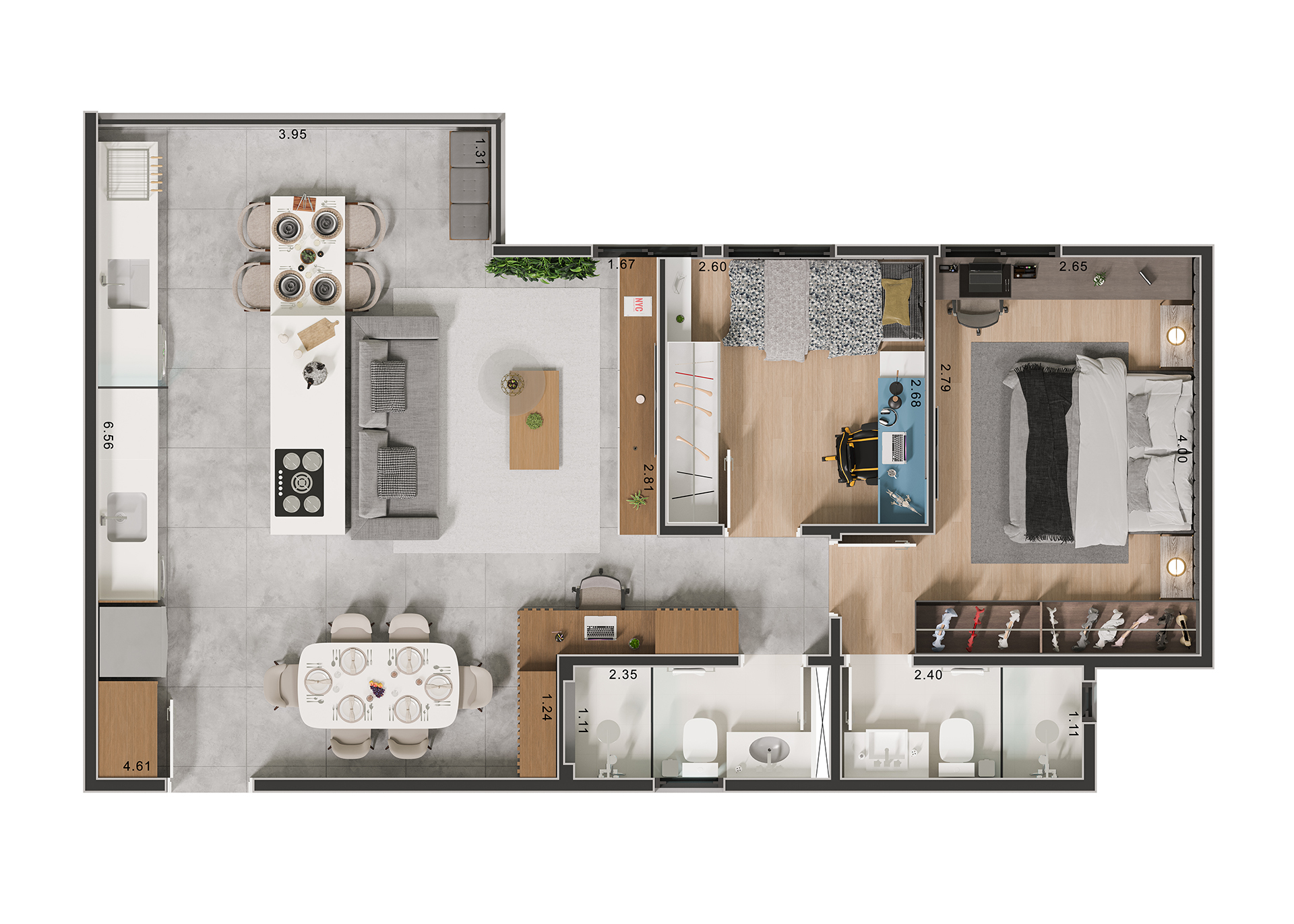 Planta 02 - 2 dorm 66,55m² - opção 1
