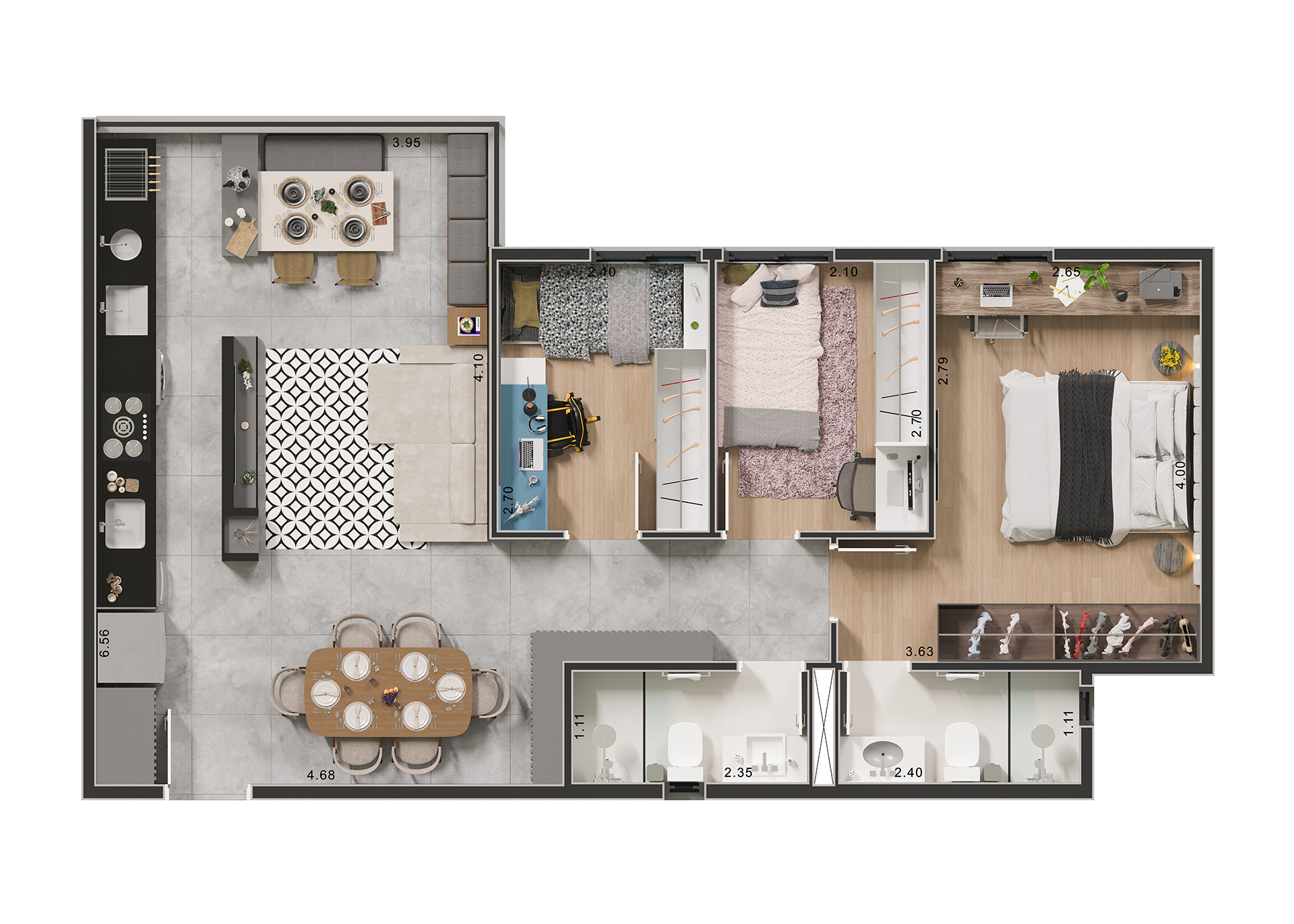 Planta 03 - 3 dorm 66,55m² - opção 2