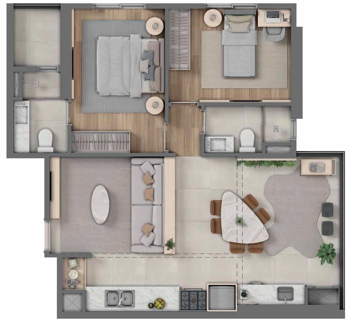 Planta 02 - 2 dorm 69,61m² - opção