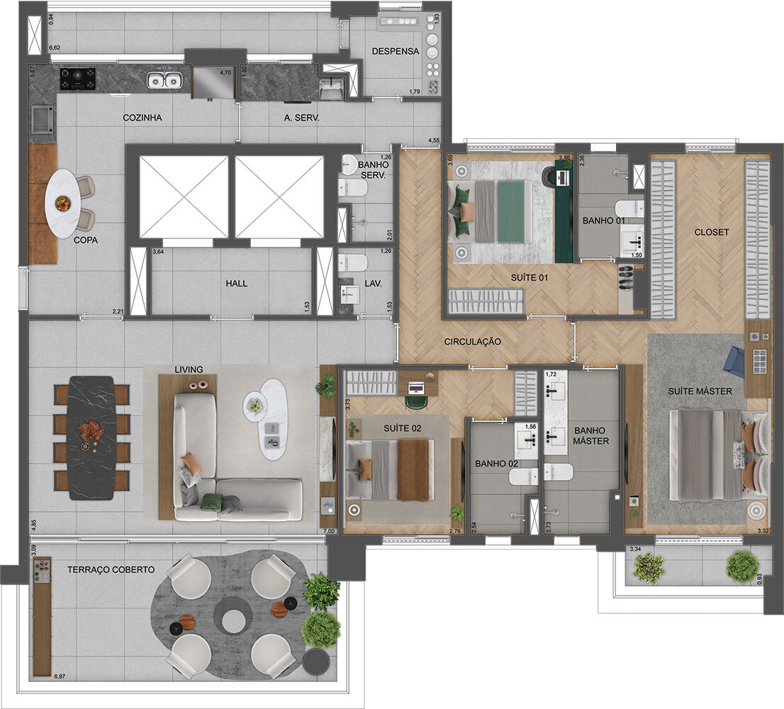 Planta 01 - 3 dorm 215m²