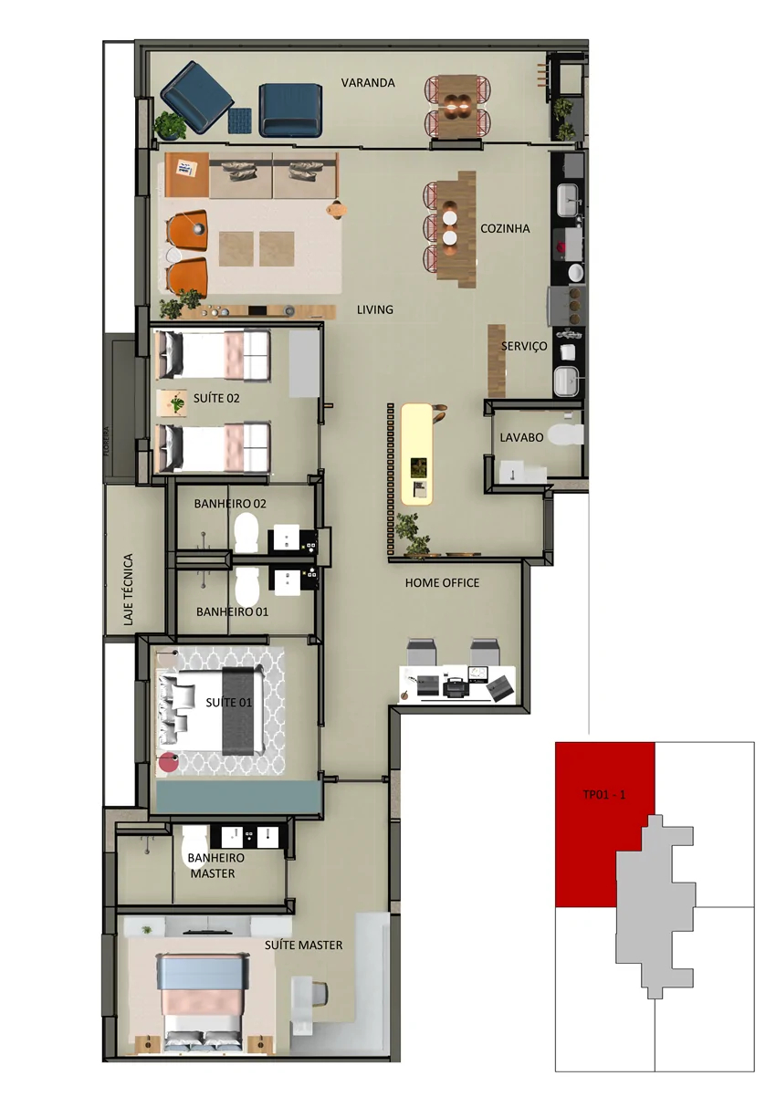 Planta 01 - 3 dorm 132m²