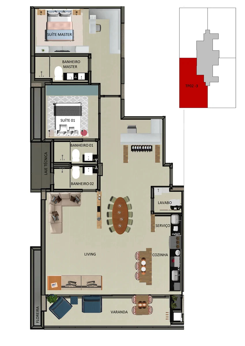 Planta 02 - 2 dorm 132m² - opção 1