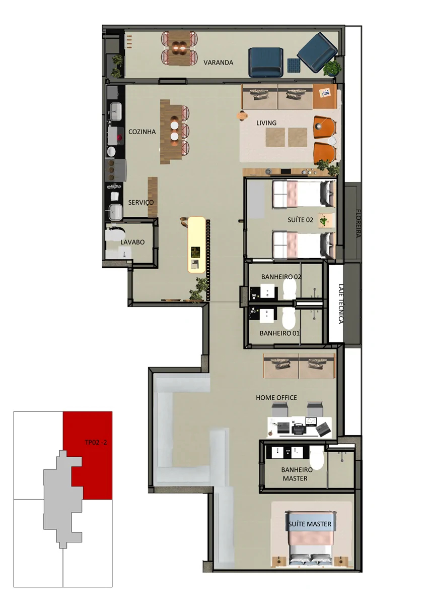 Planta 03 - 3 dorm 132m² - opção 2