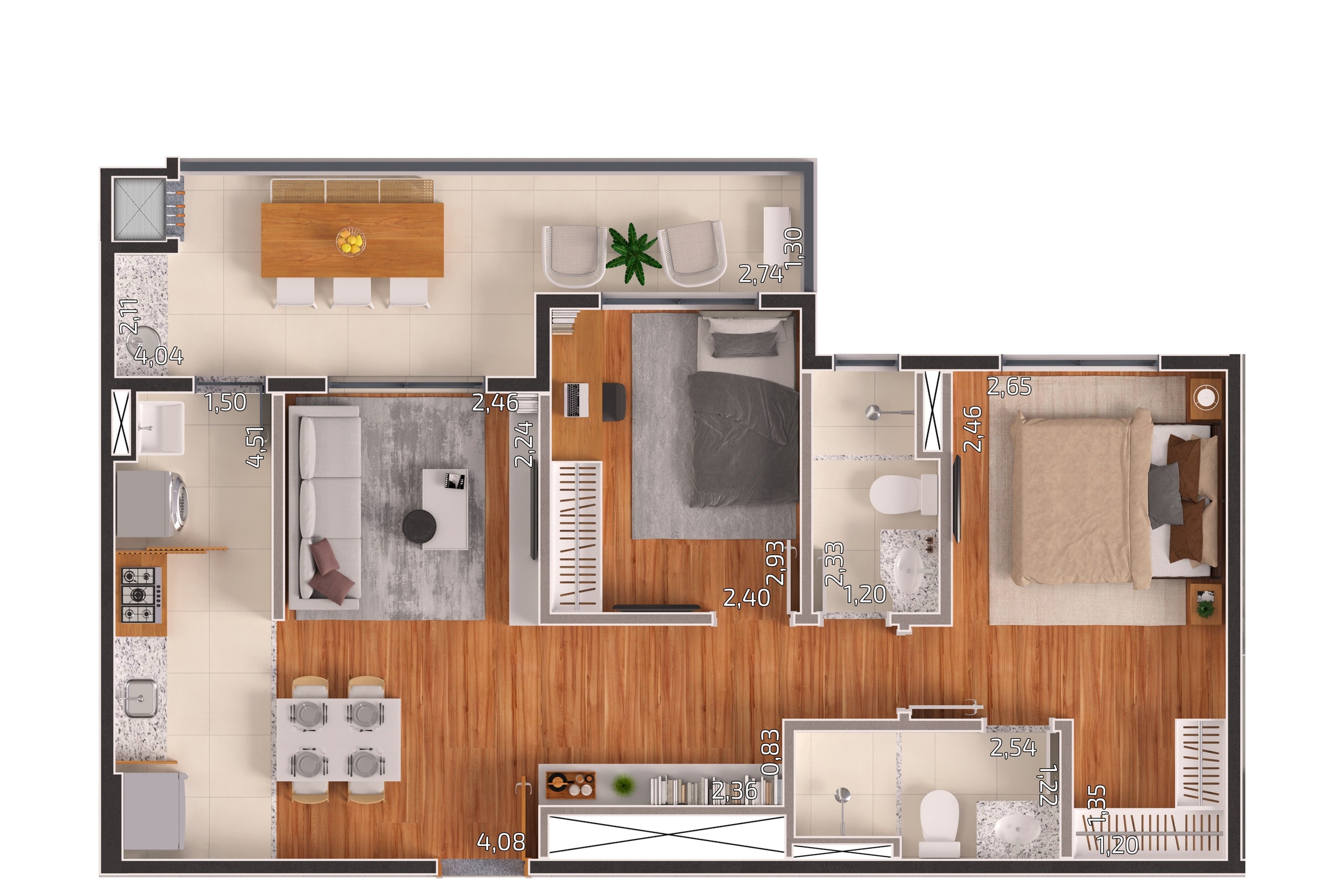 Planta 01 - 2 dorm 66,95m²