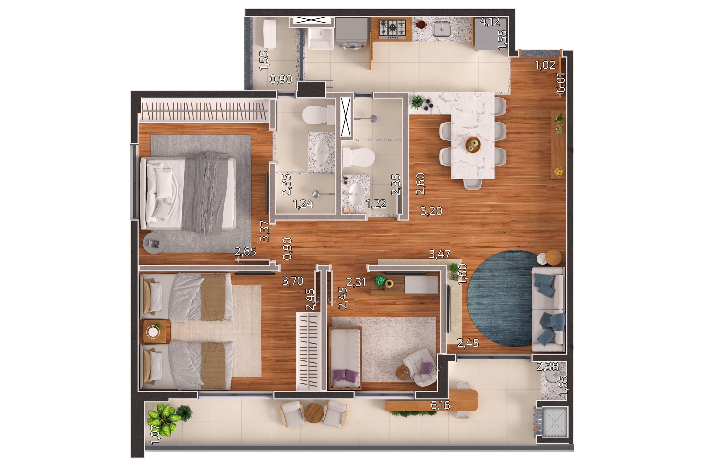 Planta 02 - 3 dorm 75,31m²
