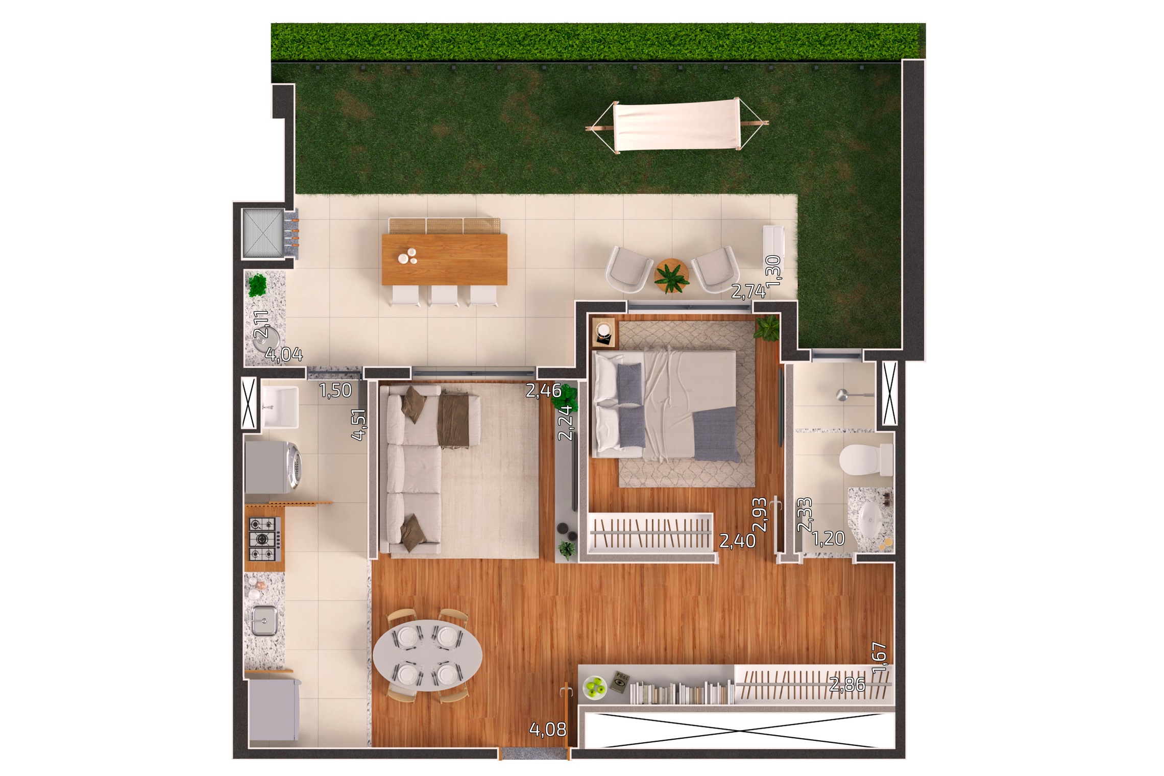 Planta 03 - 1 dorm 77,54m² - garden
