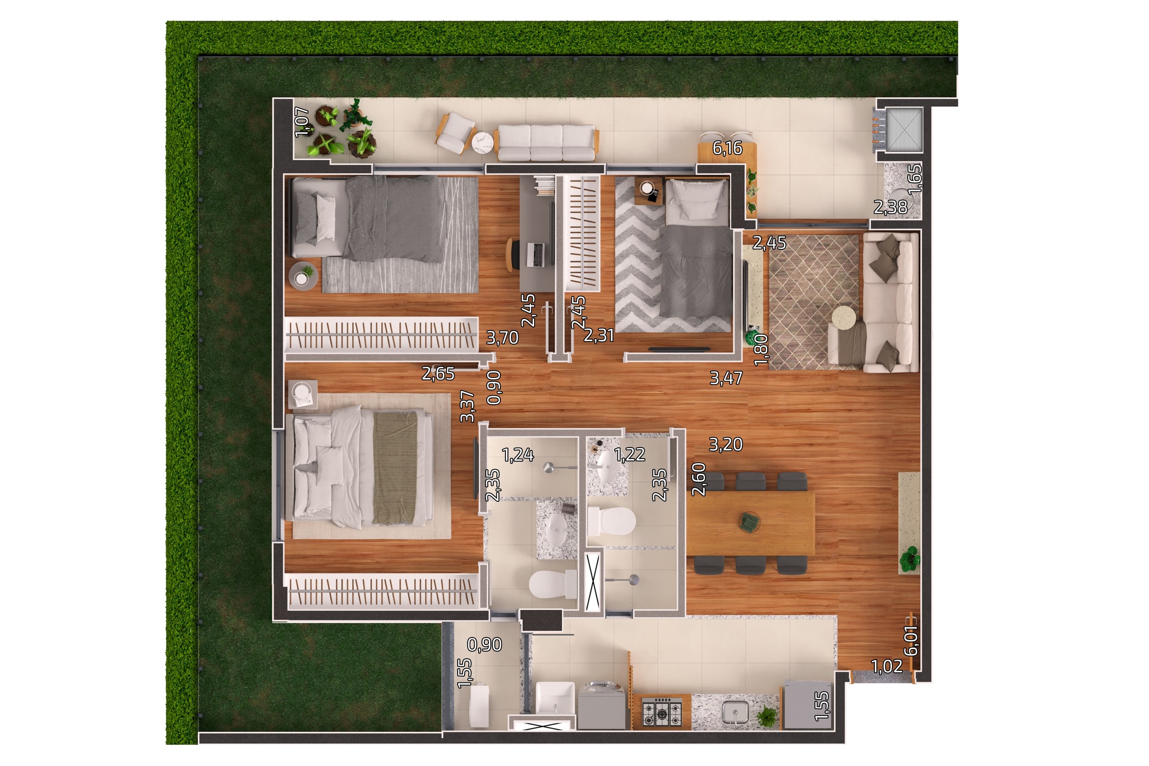 Planta 04 - 3 dorm 87,41m² - garden