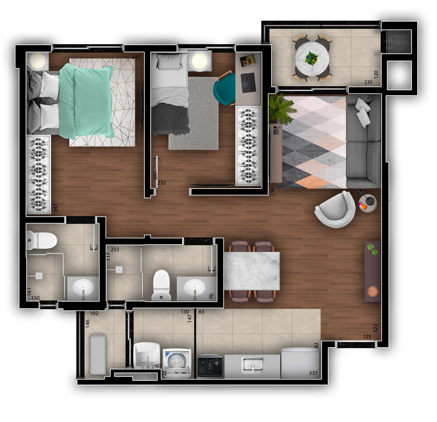 Planta 03 - 2 dorm 55m²