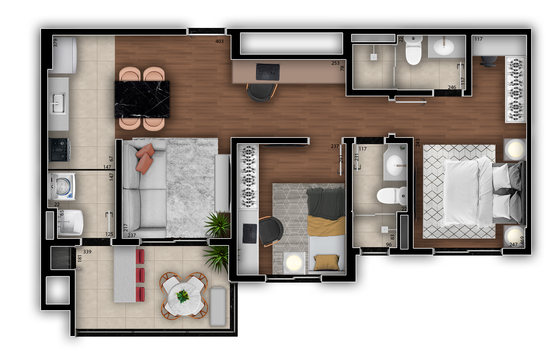 Planta 05 - 2 dorm 61m²