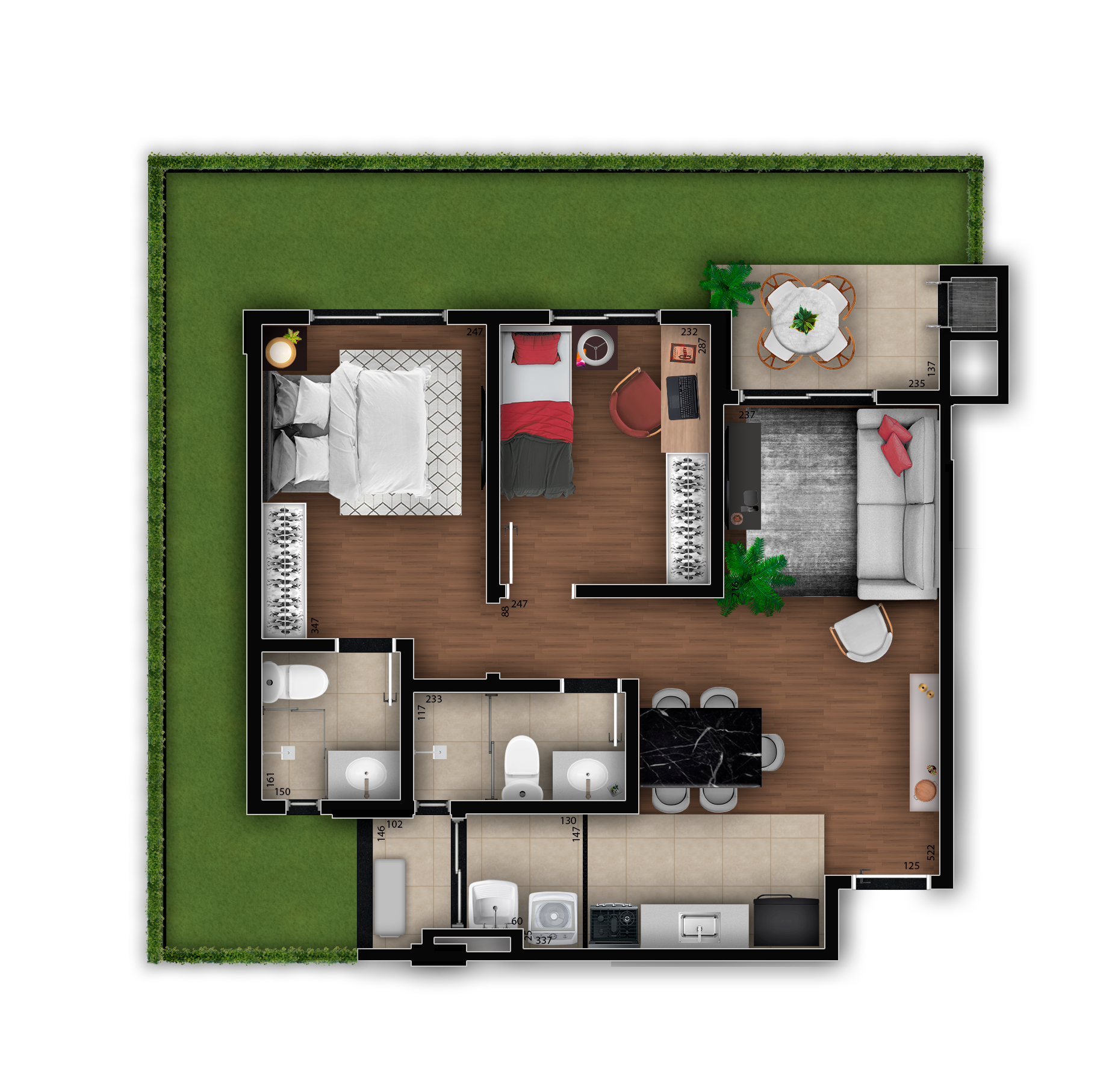 Planta 13 - 2 dorm 76m² - garden