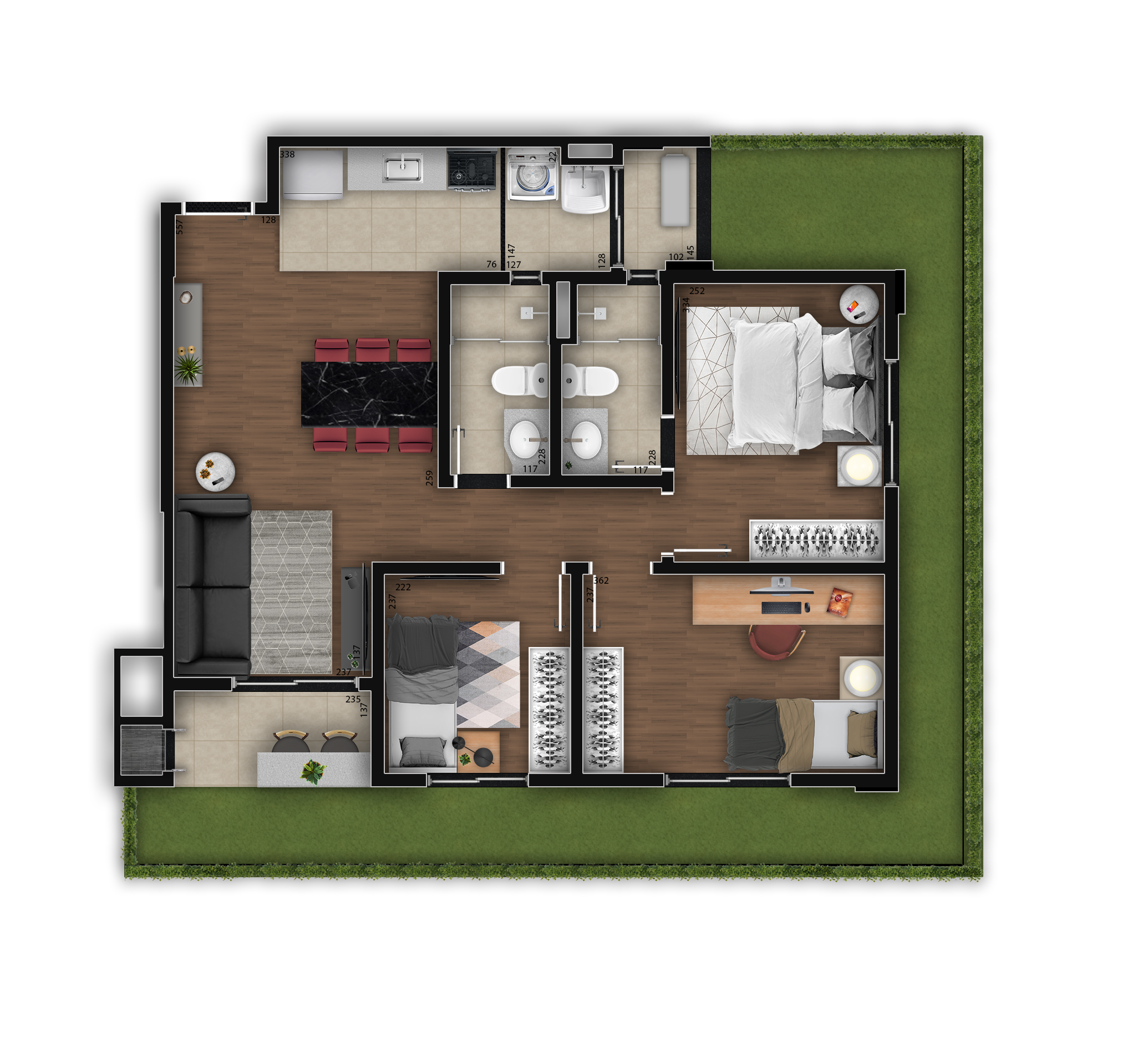 Planta 15 - 3 dorm 86m² - garden