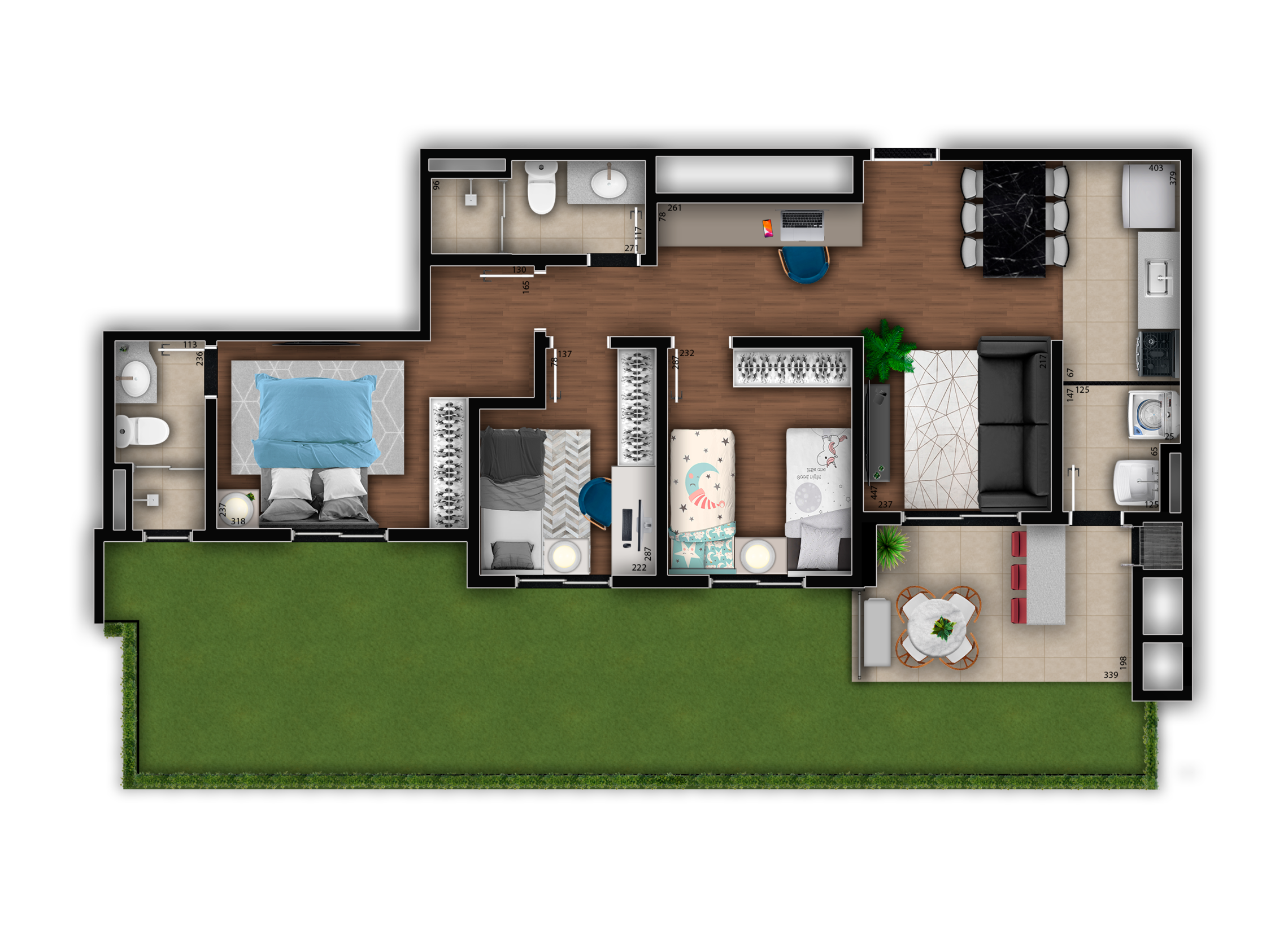 Planta 16 - 3 dorm 98m² - garden