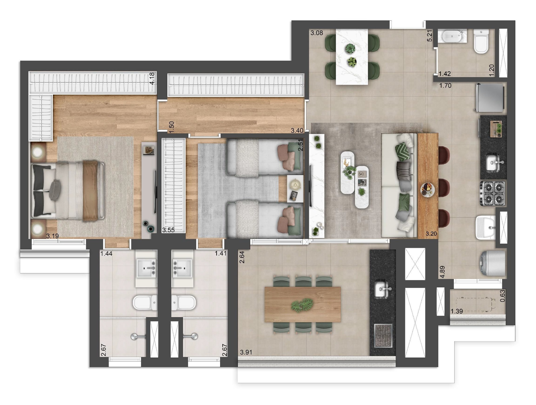 Planta 01 - 2 dorm 90m²