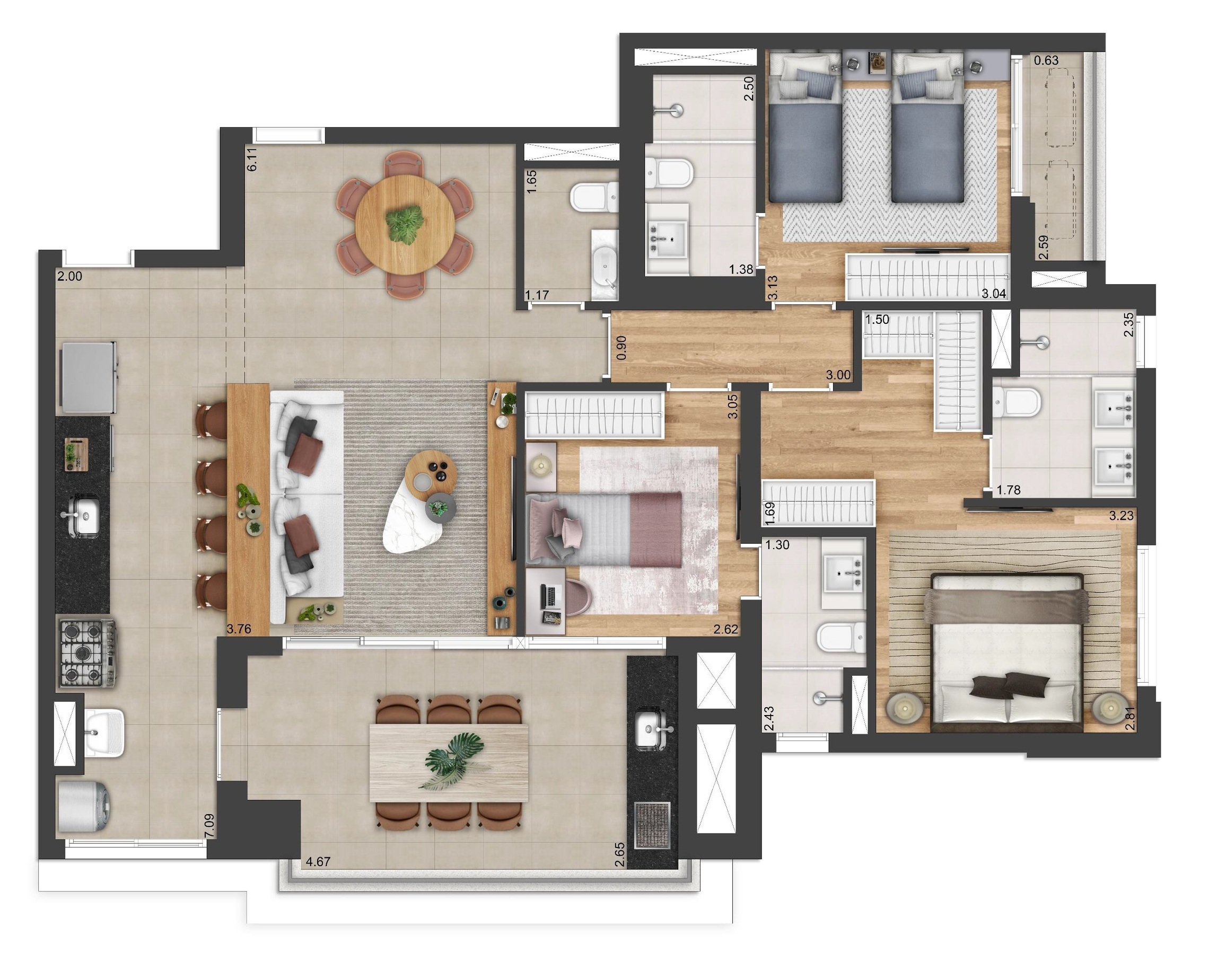 Planta 03 - 3 dorm 123m²