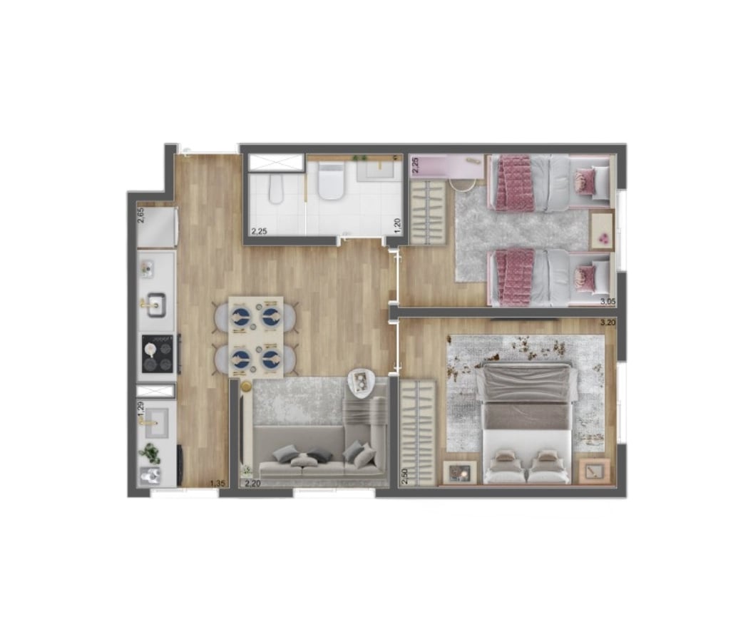 Planta 03 - 2 dorm 36m²